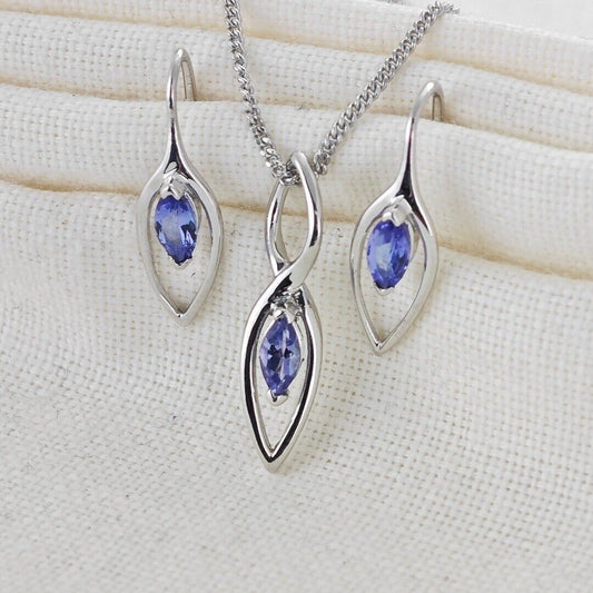 Tanzanite Set Necklace Earrings Sterling Silver Marquise Dangle