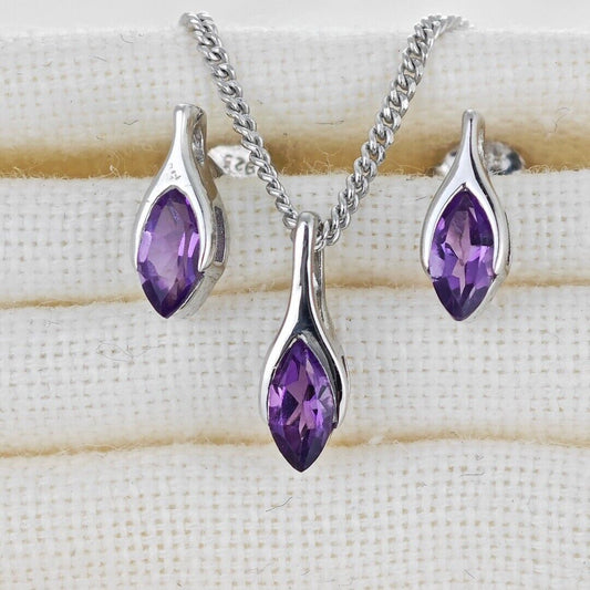 Amethyst Set Neklace Earrings Sterling Silver Studs Minimalist Marquise