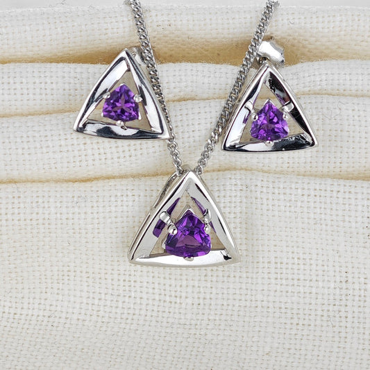 Amethyst Set Necklace Earrings Sterling Silver Studs Trillion