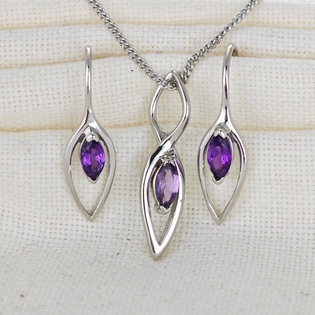 Amethyst Set Earrings Pendant Sterling Silver Marquise Infinity Loop