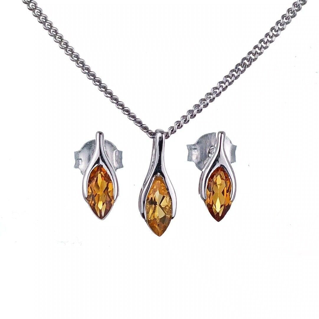 Citrine Set Necklace Earrings Sterling Silver Studs Minimalist Marquise