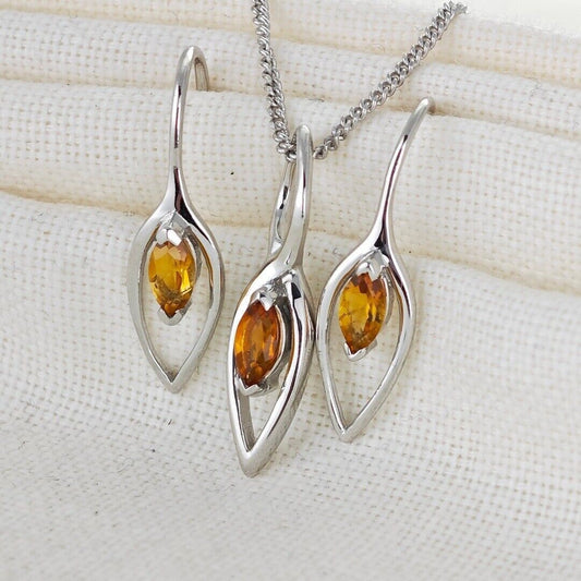 Citrine Set Earrings Pendant Sterling Silver Marquise Infinity Loop