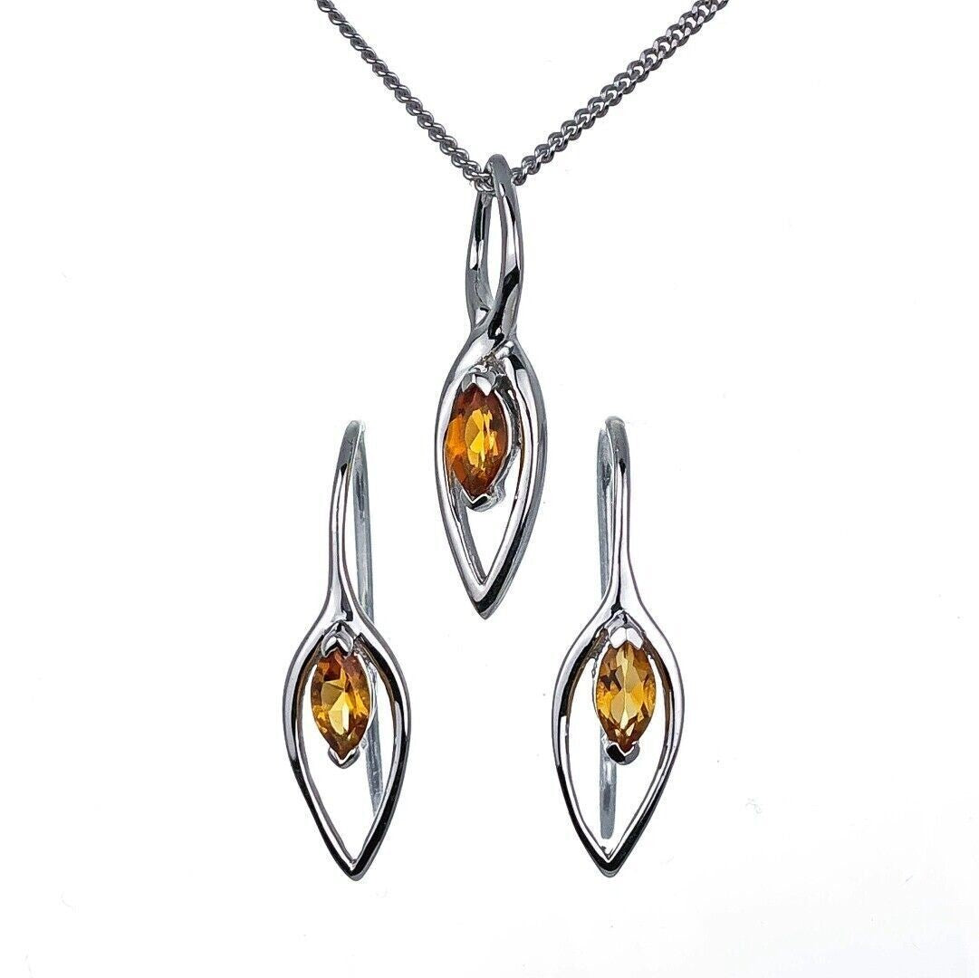 Citrine Set Earrings Pendant Sterling Silver Marquise Infinity Loop
