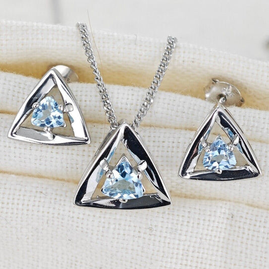 Blue Topaz Set Necklace Earrings Sterling Silver Studs Trillion