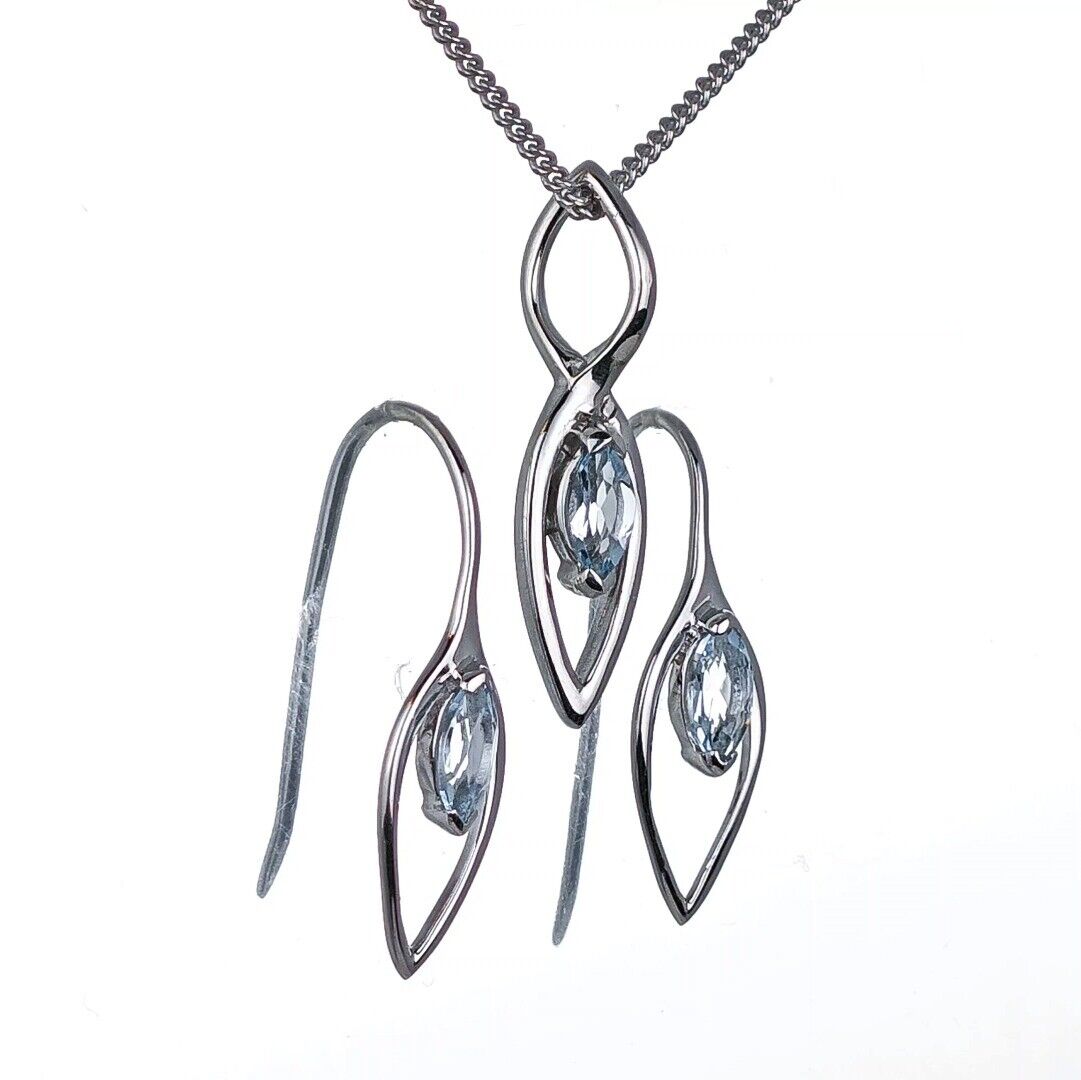 Blue Topaz Set Earrings Pendant Sterling Silver Marquise Dangle