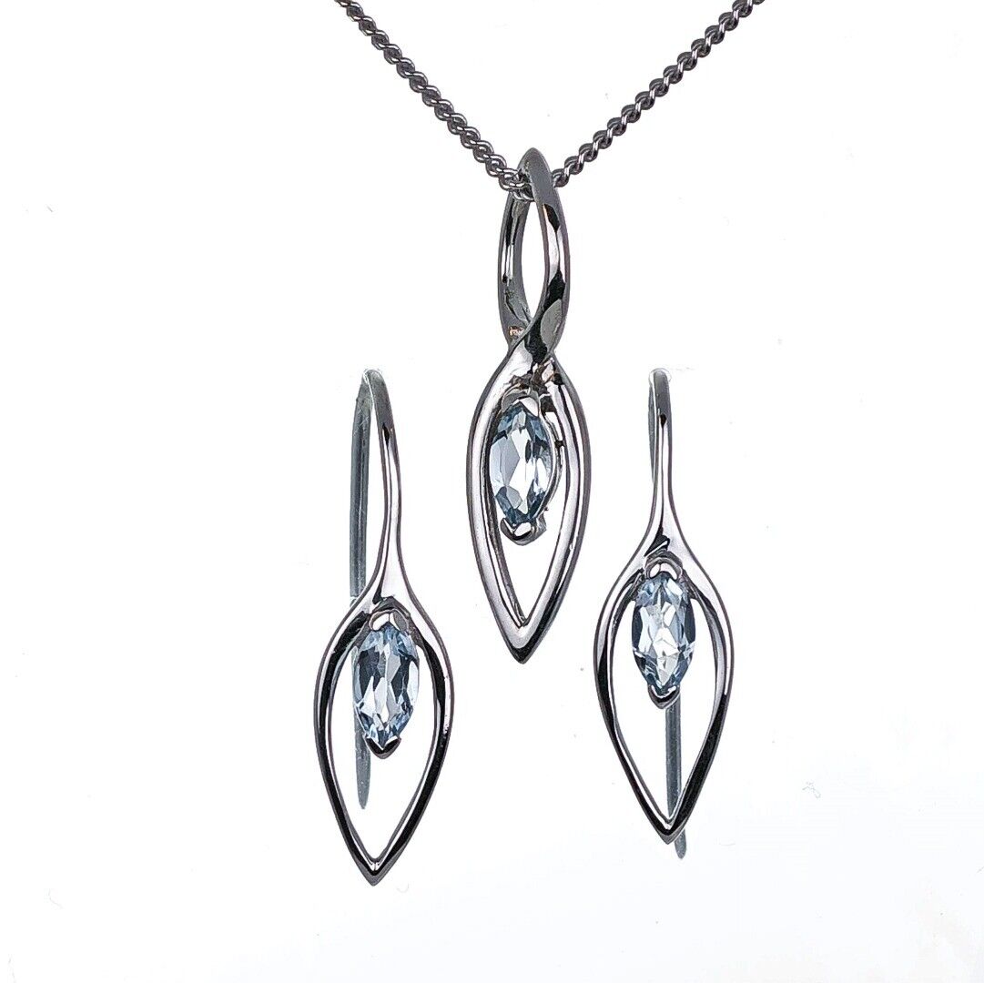 Blue Topaz Set Earrings Pendant Sterling Silver Marquise Dangle