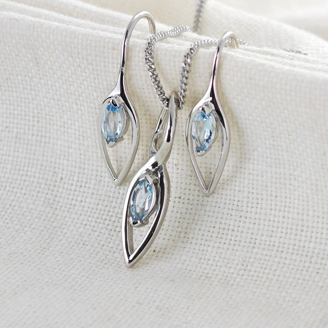 Blue Topaz Set Earrings Pendant Sterling Silver Marquise Dangle