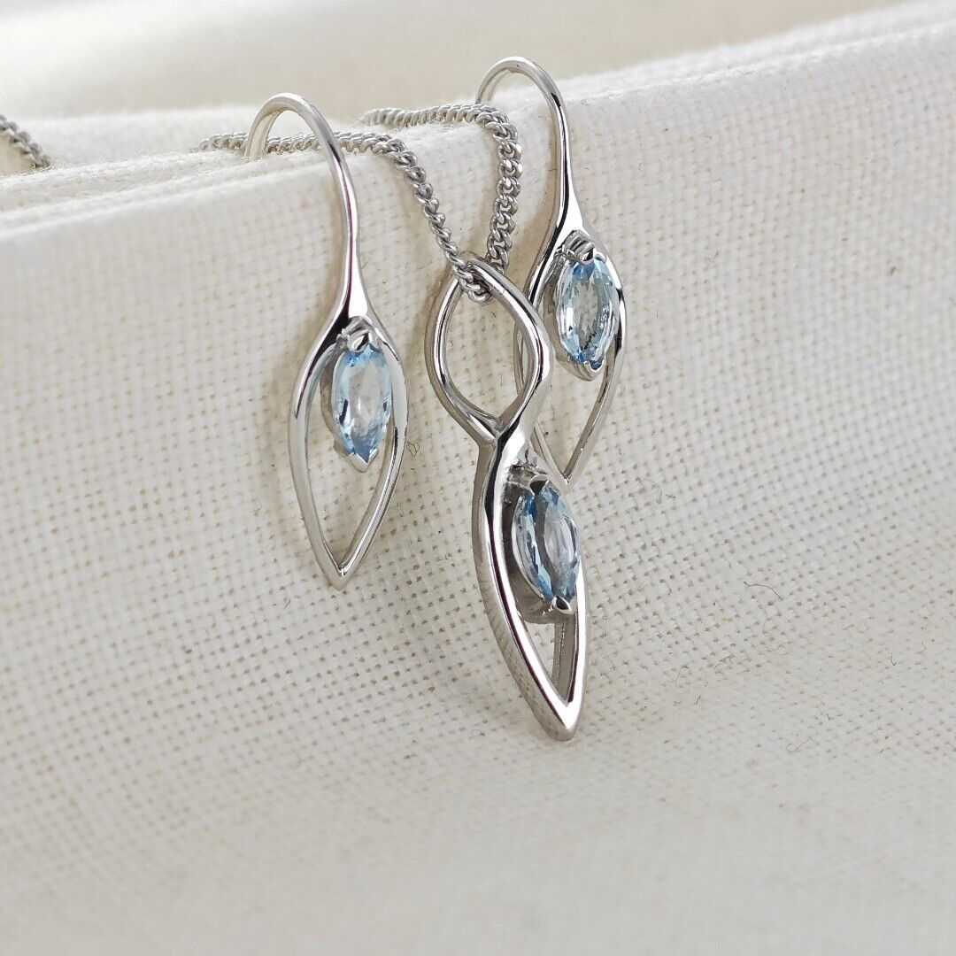 Blue Topaz Set Earrings Pendant Sterling Silver Marquise Dangle