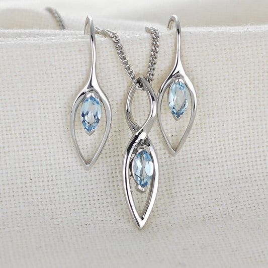 Blue Topaz Set Earrings Pendant Sterling Silver Marquise Dangle