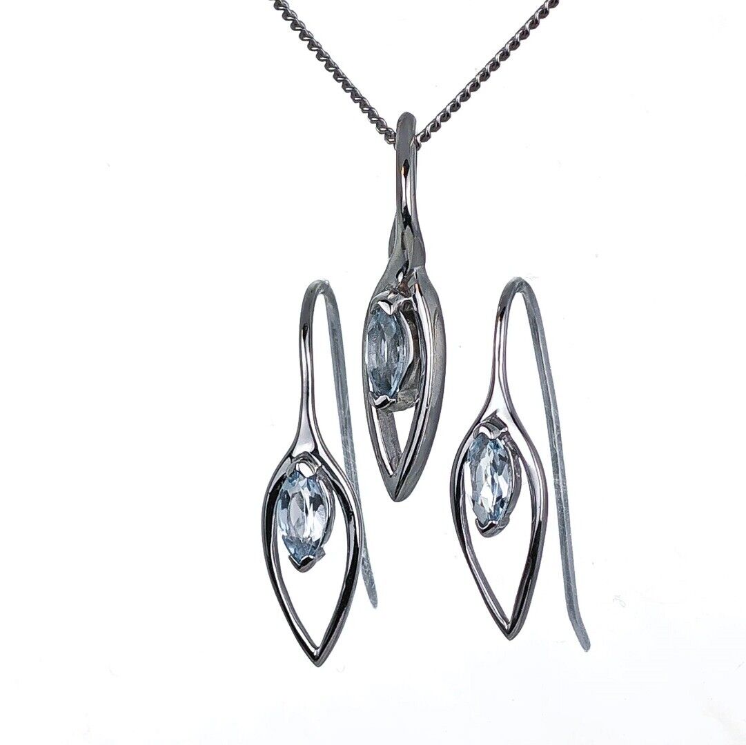 Blue Topaz Set Earrings Pendant Sterling Silver Marquise Dangle