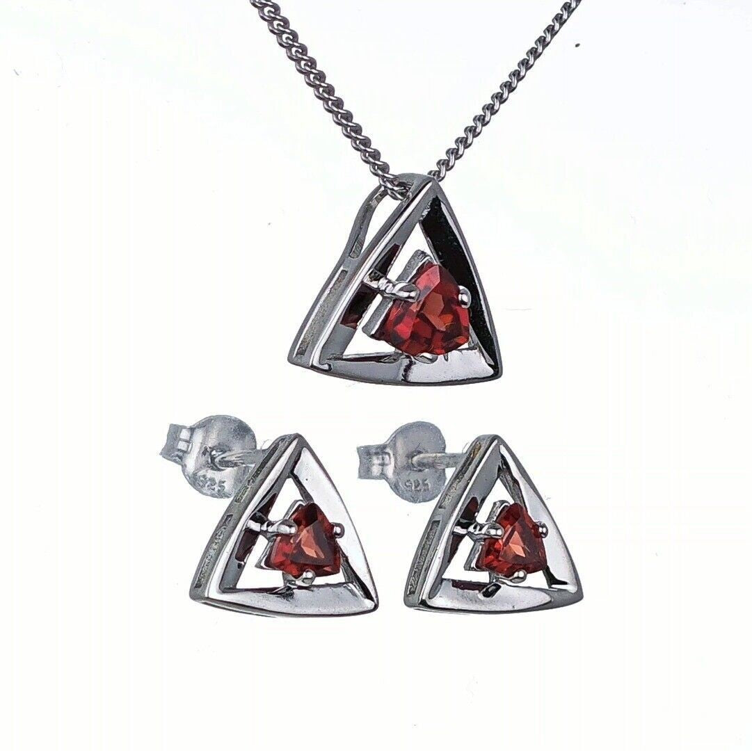 Garnet Trillion Set Necklace Stud Earrings