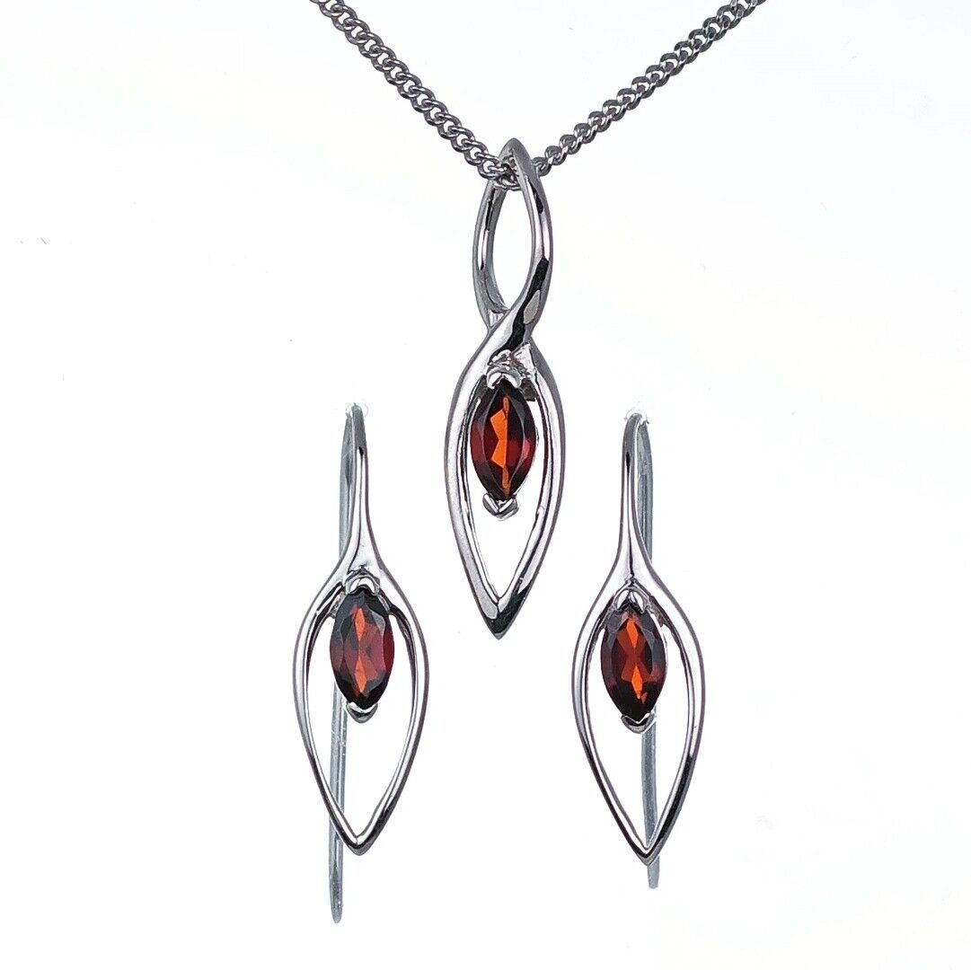 garnet set earrings pendant sterling silver marquise dangle designed in the UK