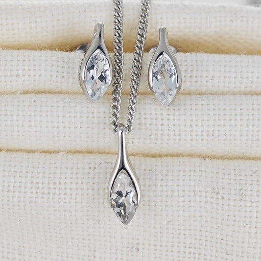 White Topaz Set Necklace Earrings Sterling Silver Studs Minimalist Marquise