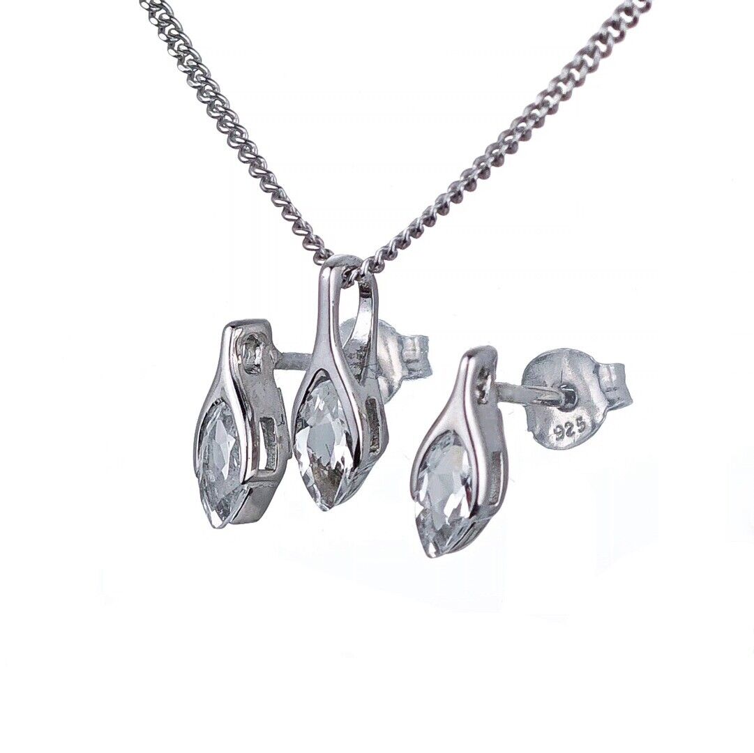 White Topaz Set Necklace Earrings Sterling Silver Studs Minimalist Marquise
