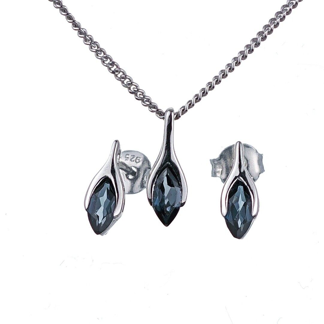 london blue topaz set necklace earrings sterling silver studs minimalist marquise designed in the UK