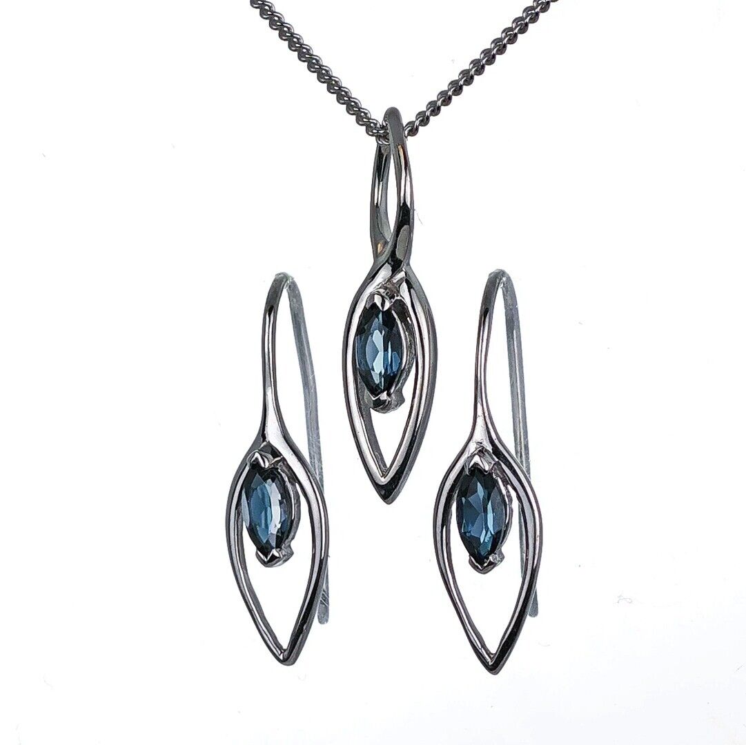 London Blue Topaz Set Earrings Pendant Sterling Silver Marquise Infinity Loop