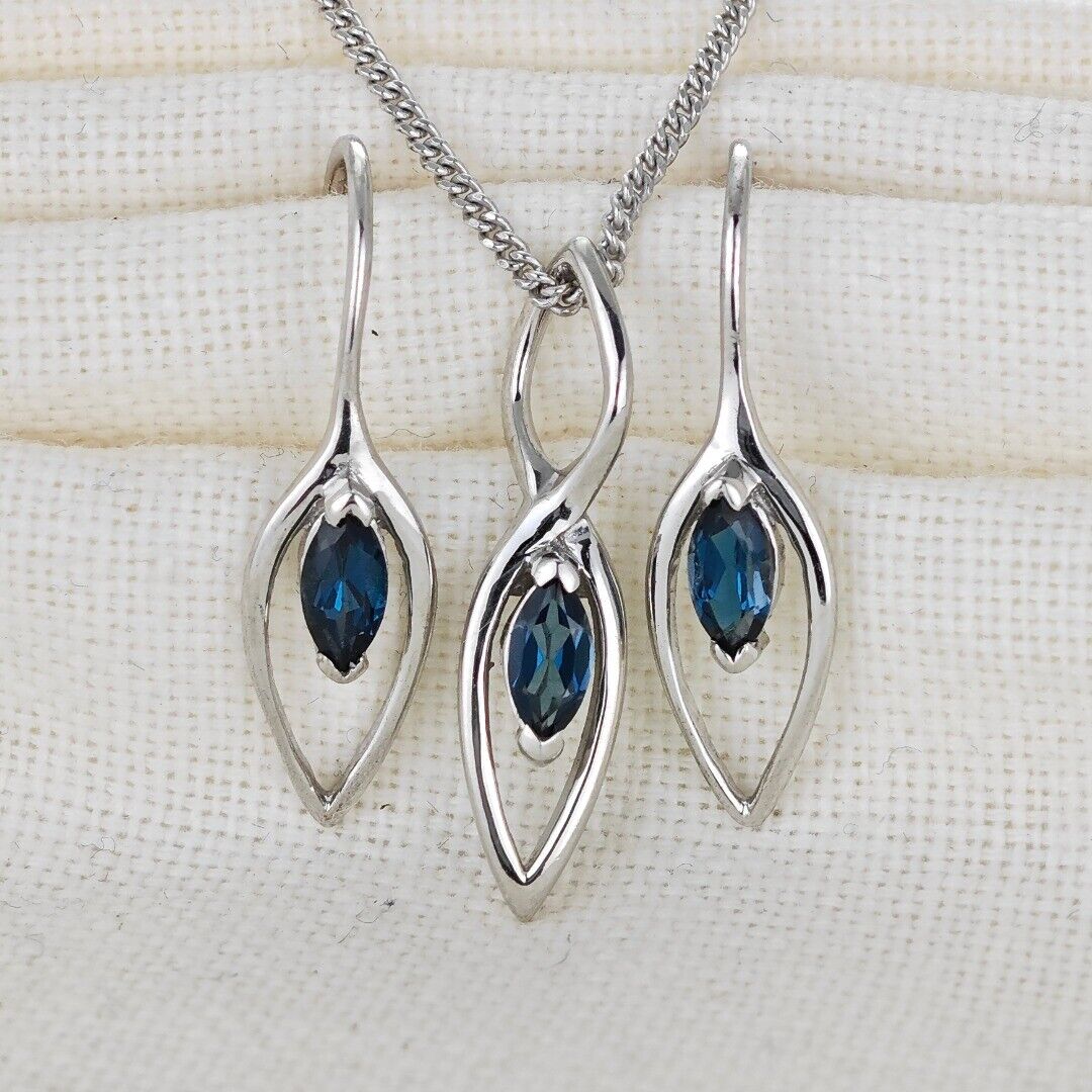 London Blue Topaz Set Earrings Pendant Sterling Silver Marquise Infinity Loop