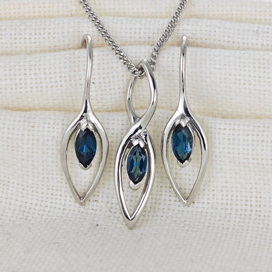 London Blue Topaz Set Earrings Pendant Sterling Silver Marquise Infinity Loop