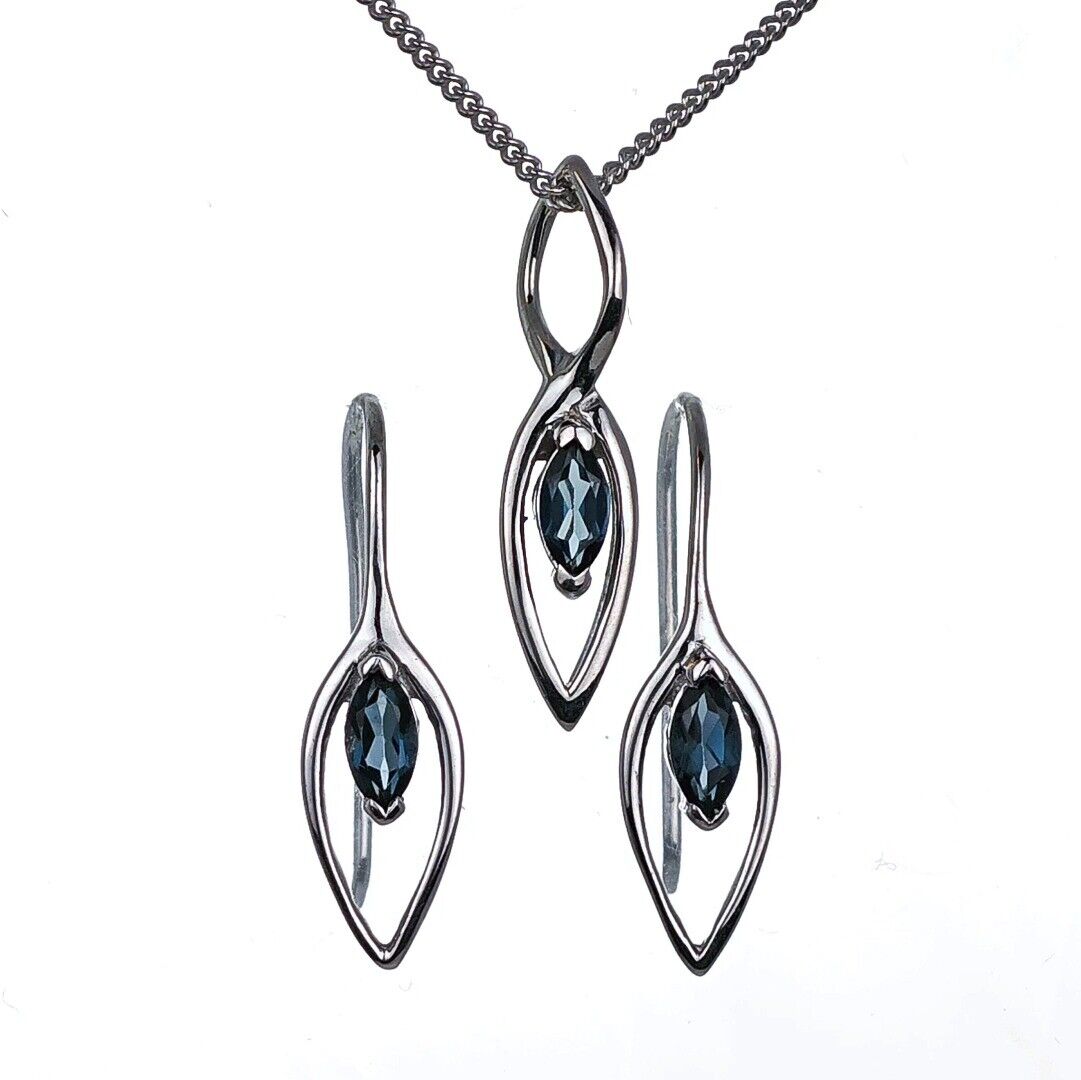 london blue topaz set earrings pendant sterling silver marquise infinity loop designed in the UK