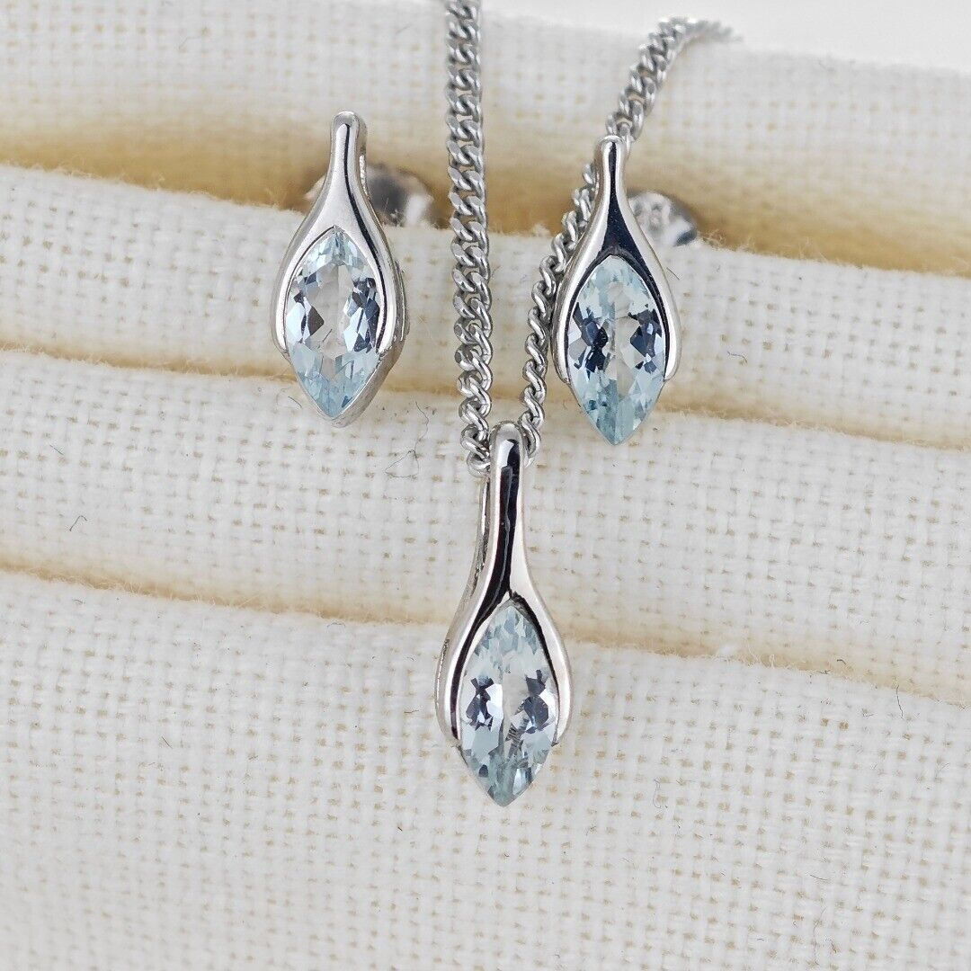aquamarine set necklace earrings sterling silver studs minimalist marquise designed in the UK