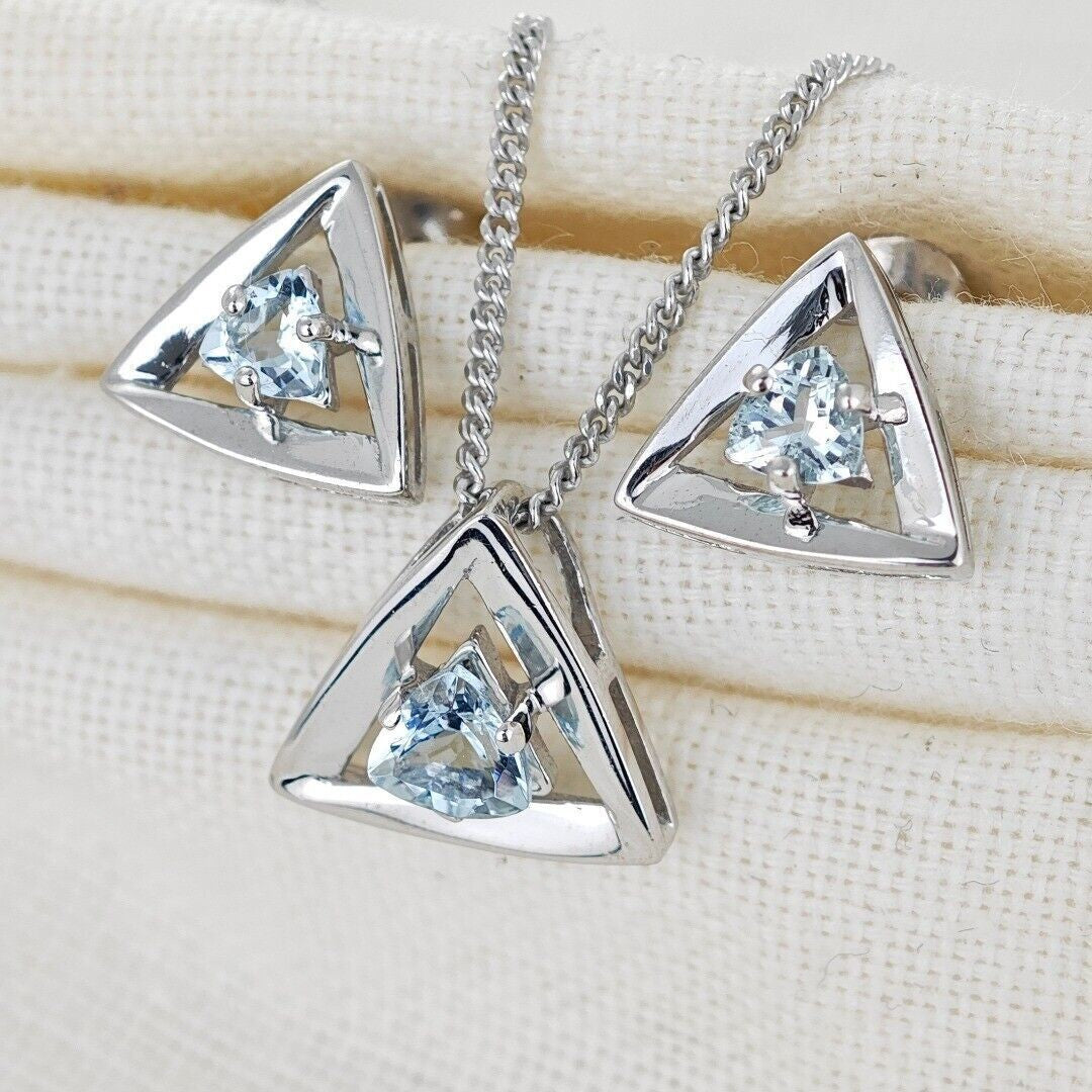 Aquamarine Set Necklace Earrings Sterling Silver Studs Trillion