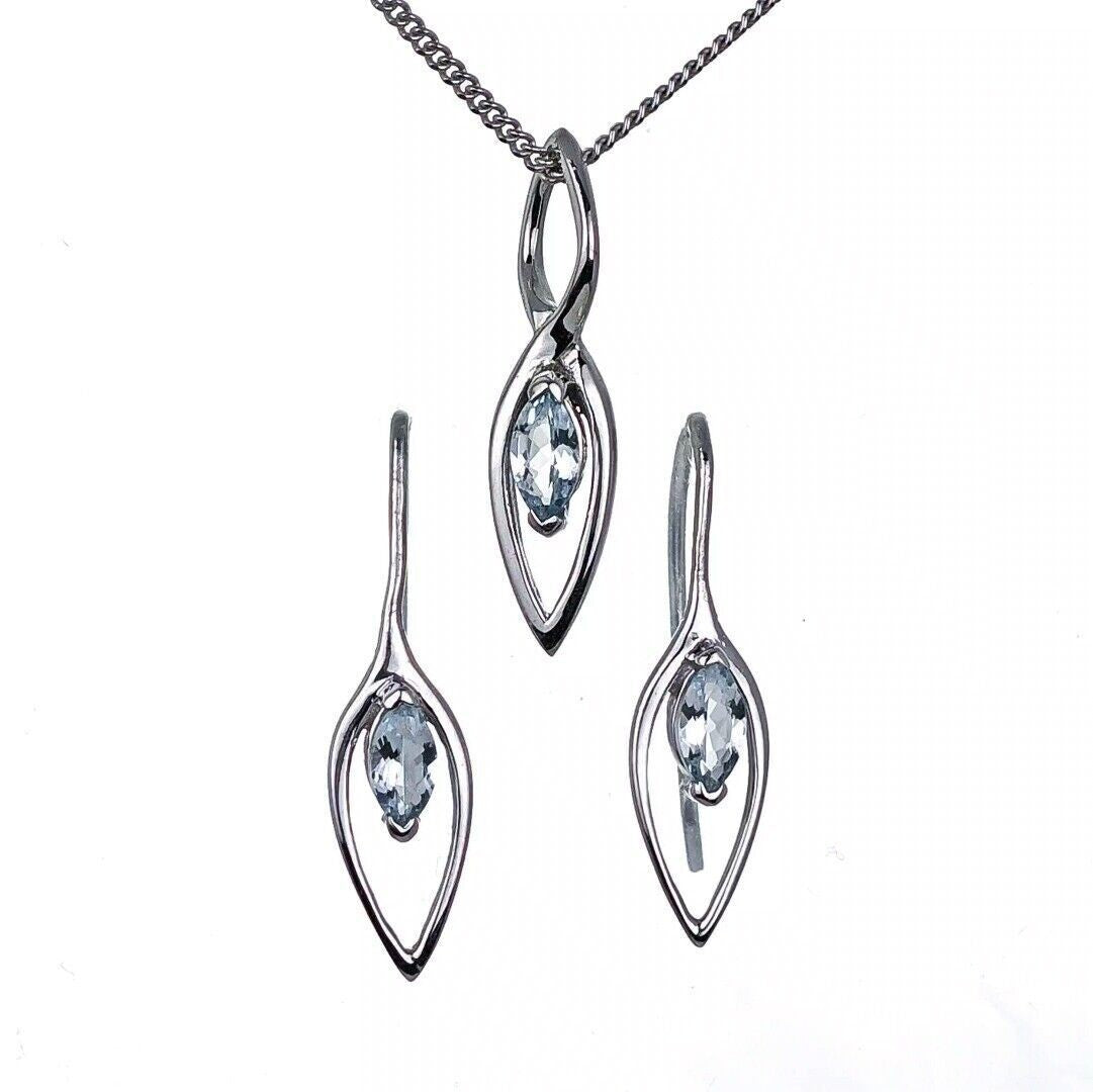 aquamarine set earrings pendant sterling silver marquise dangle designed in the UK