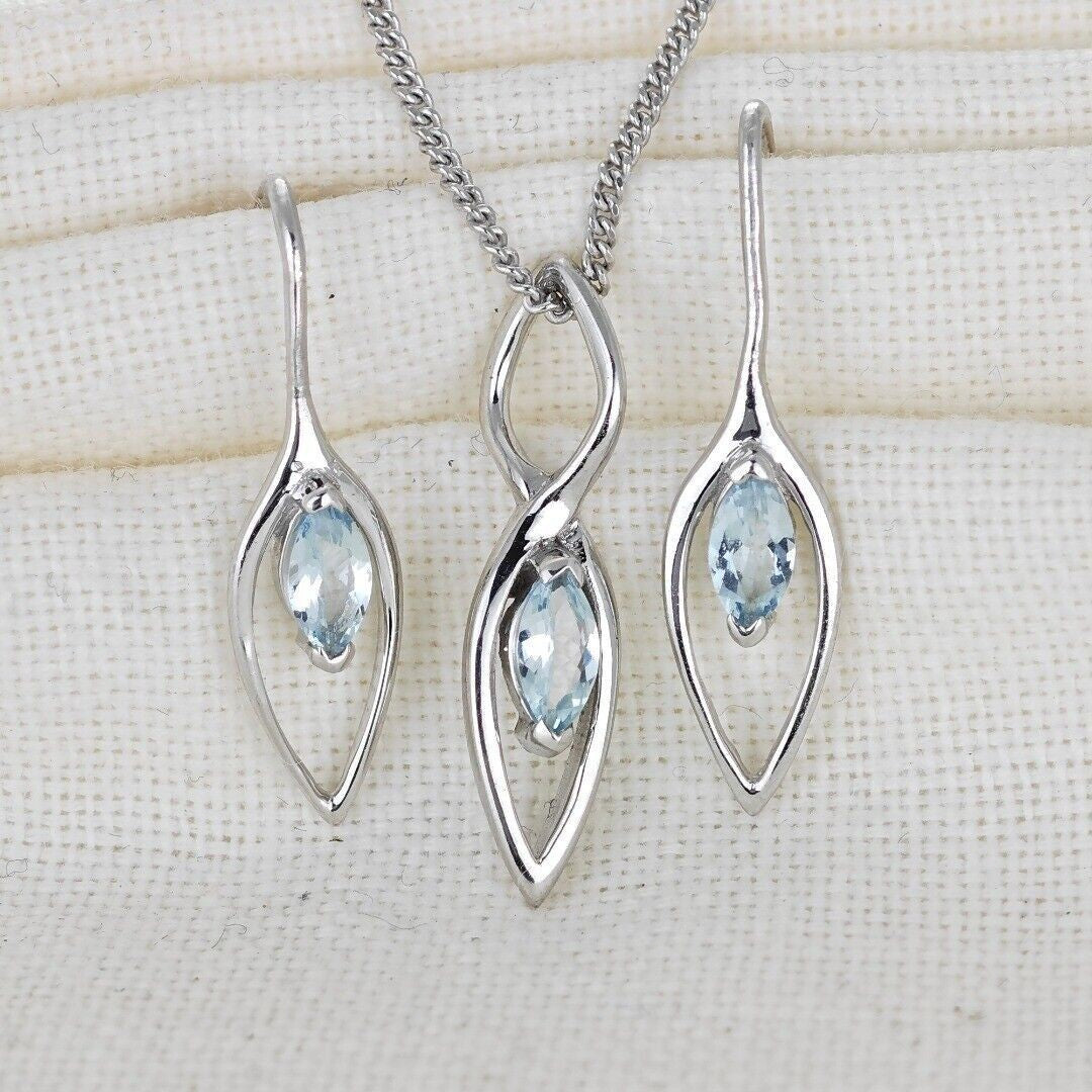 Aquamarine Set Earrings Pendant Sterling Silver Marquise Dangle