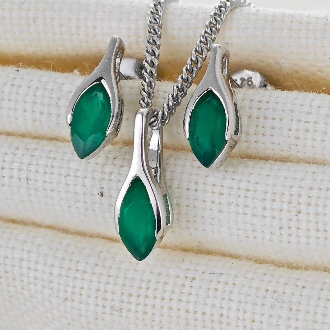 Green Onyx Minimalist Marquise Jewellery Set in Sterling Silver