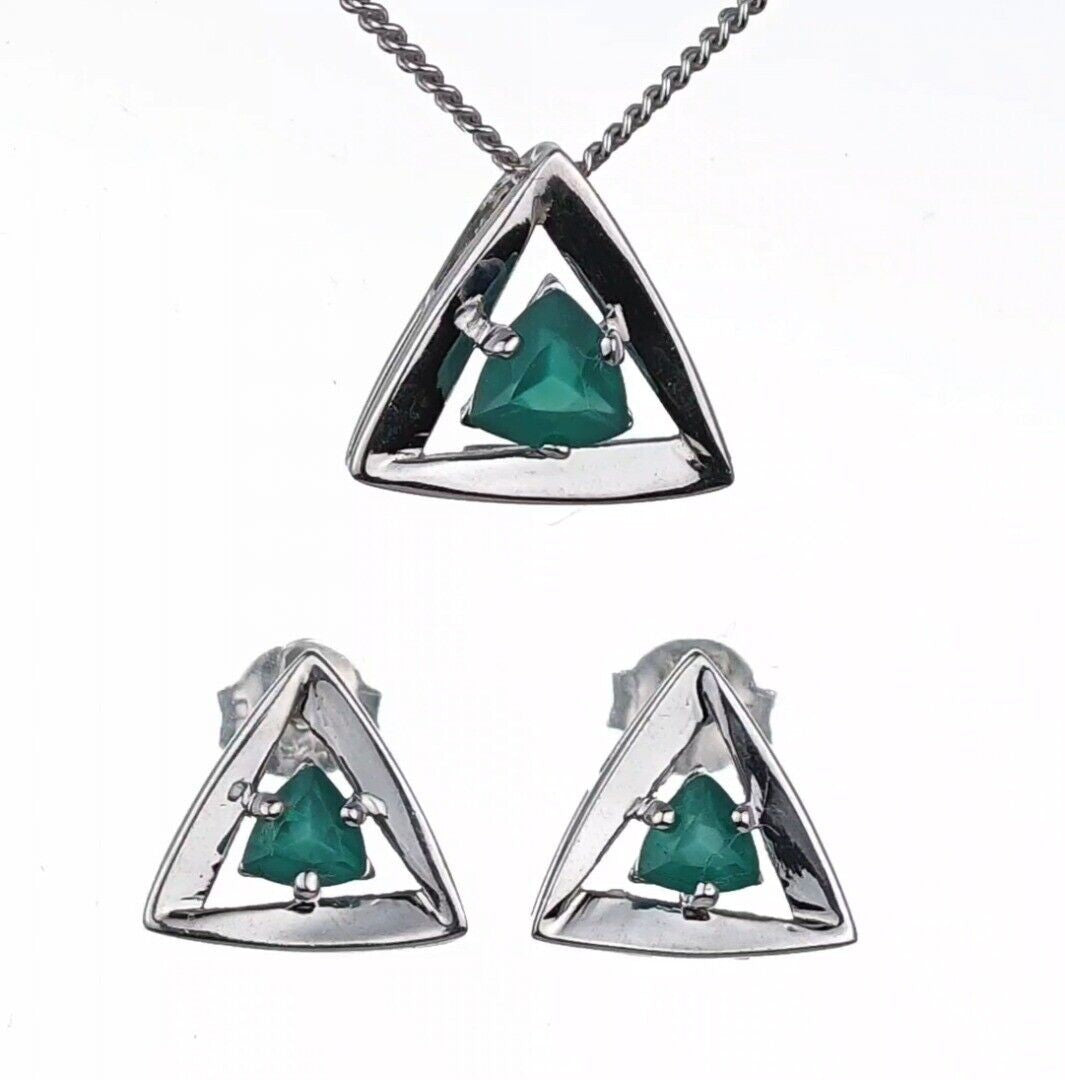 onyx green set necklace earrings sterling silver studs trillion designed in the UK