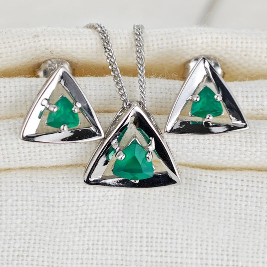 Onyx Green Set Necklace Earrings Sterling Silver Studs Trillion