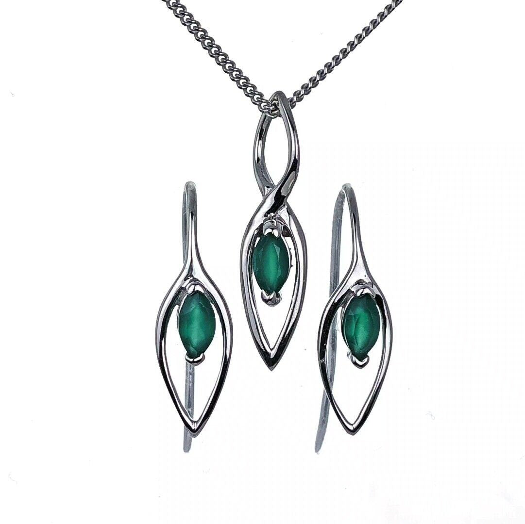 onyx green set earrings pendant sterling silver marquise dangle designed in the UK