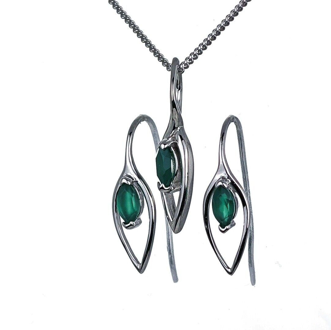 Onyx Green Set Earrings Pendant Sterling Silver Marquise Dangle