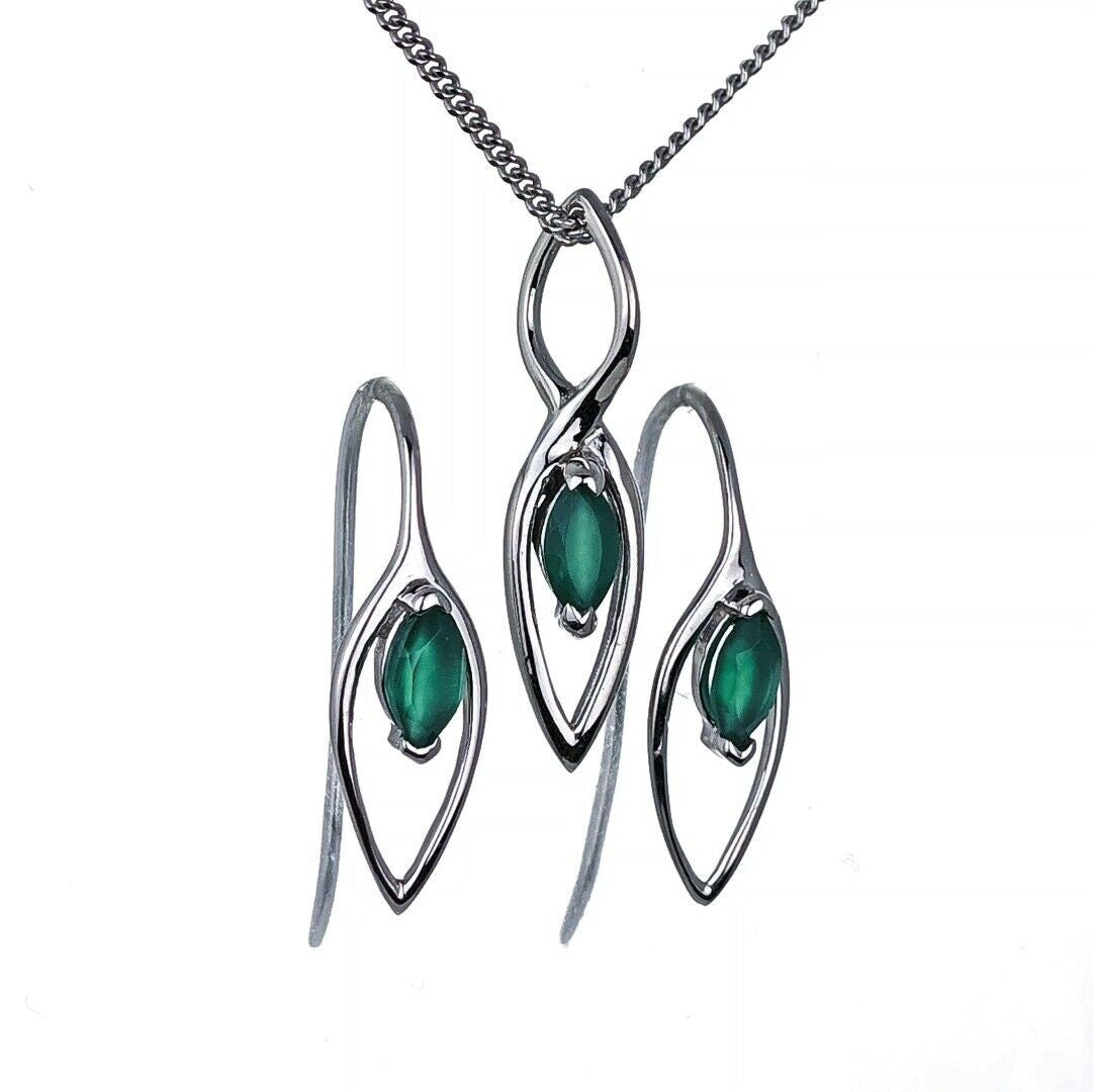 Onyx Green Set Earrings Pendant Sterling Silver Marquise Dangle