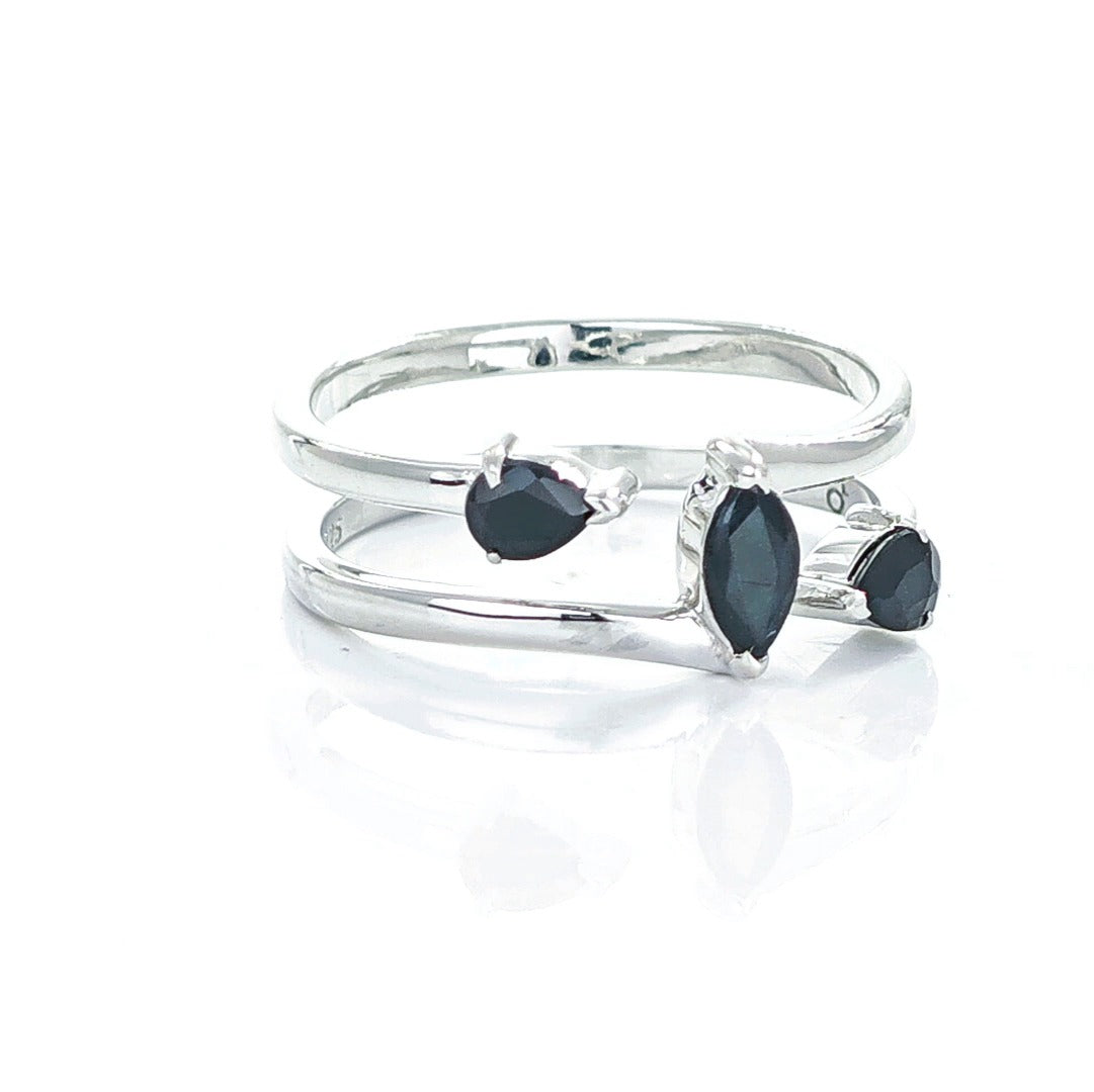 Sapphire Ring Sterling Silver Adjustable Marquise Trilogy