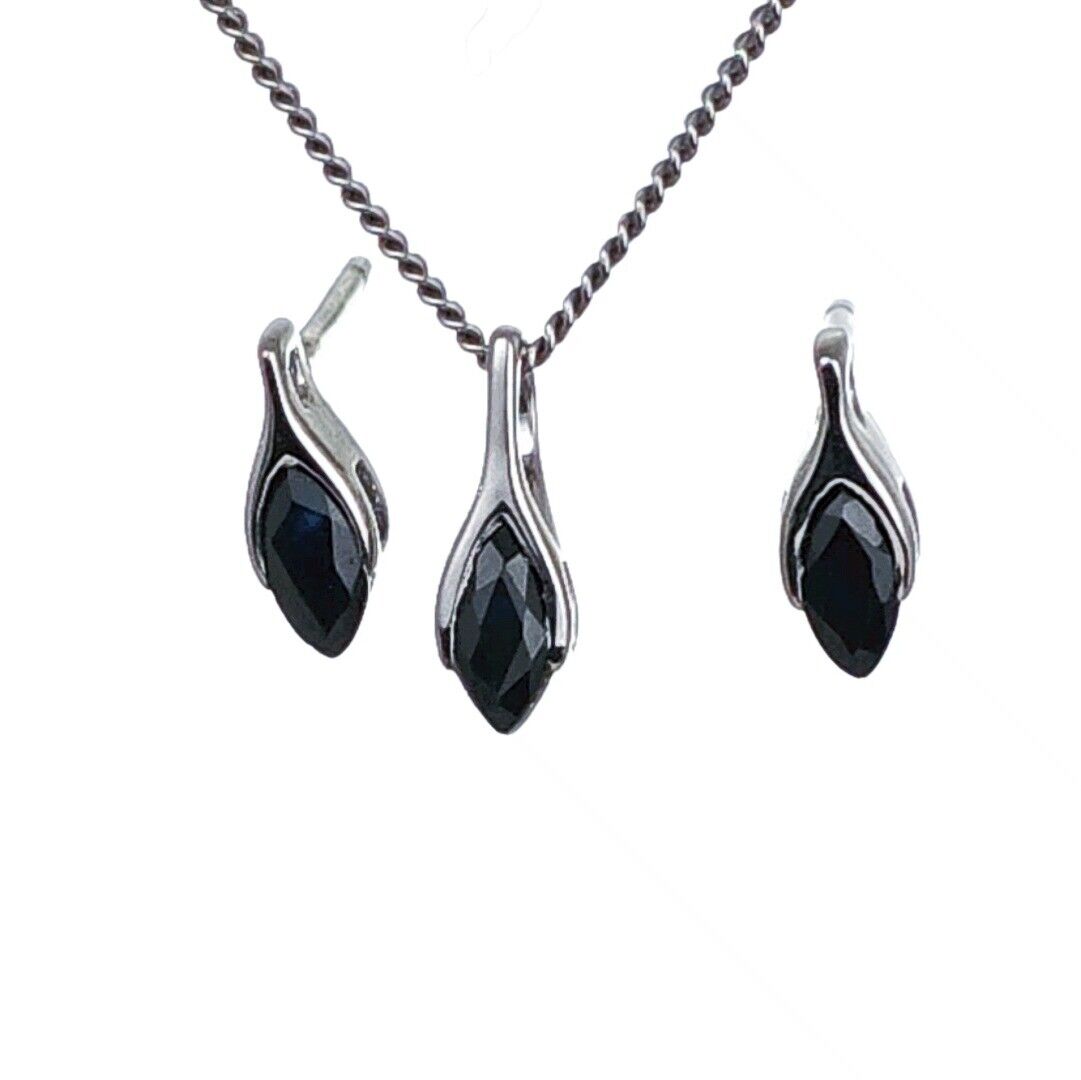 Sapphire Set Earrings Pendant Sterling Silver SMALL Solitaire Minimalist Marquise