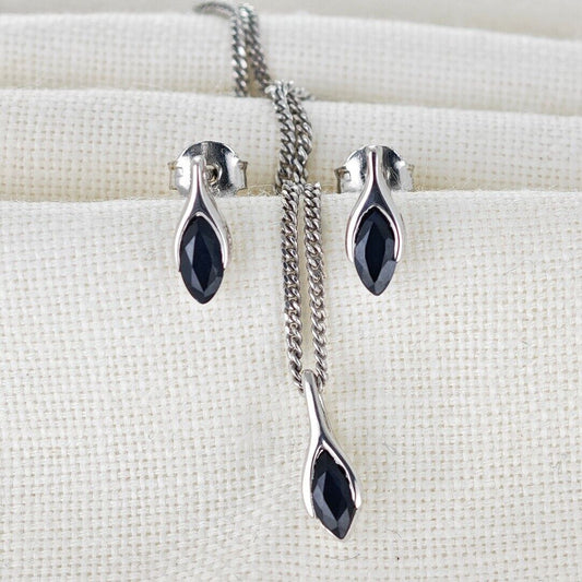 Sapphire Set Earrings Pendant Sterling Silver SMALL Solitaire Minimalist Marquise