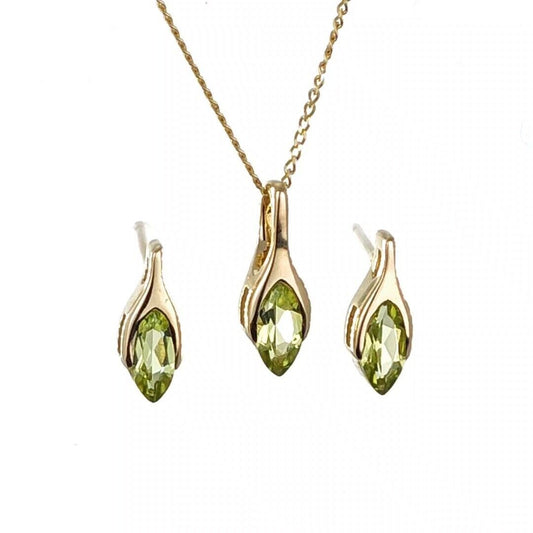 9ct Gold Peridot Set Pendant Stud Earrings Minimalist Green Marquise