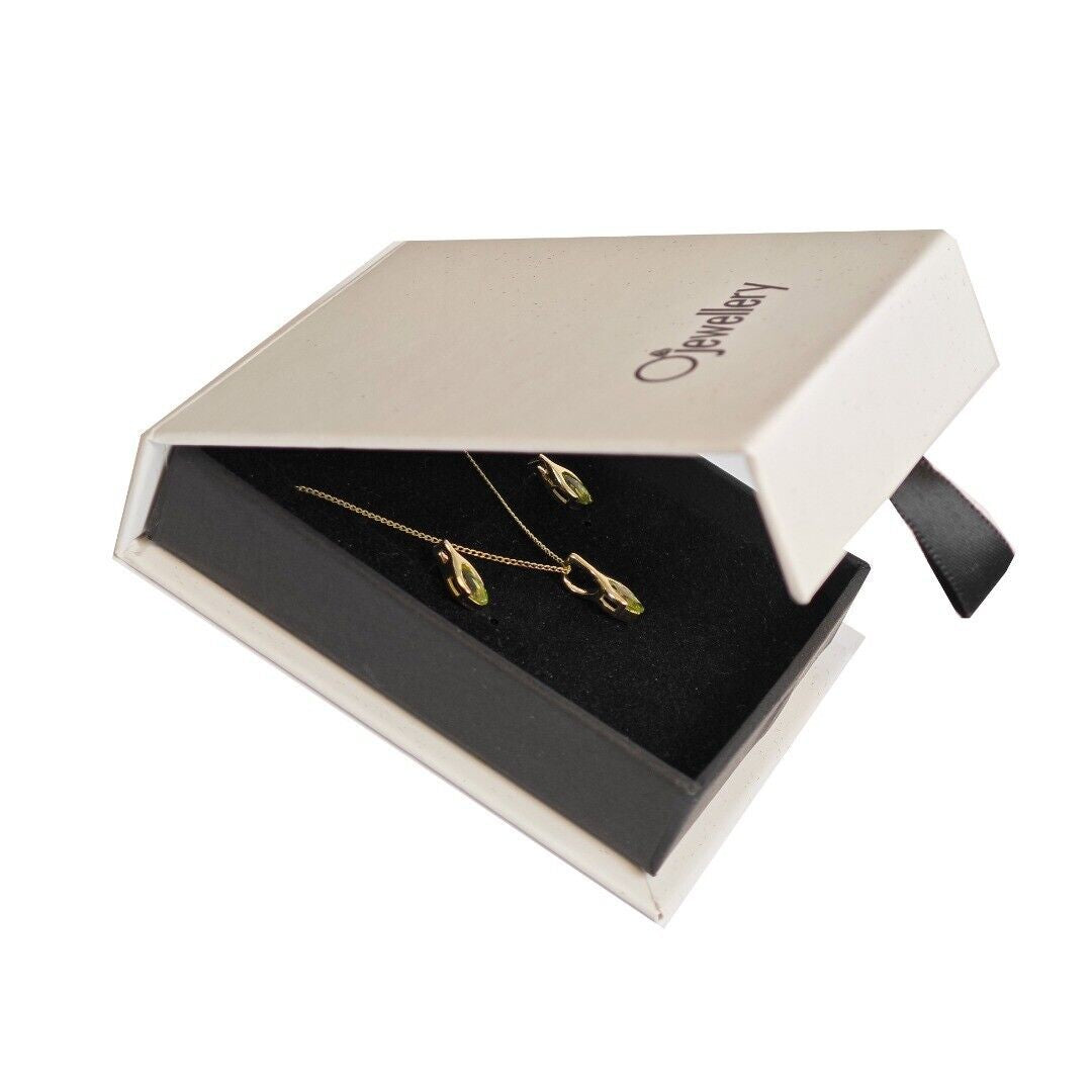 9ct Gold Peridot Set Pendant Stud Earrings Minimalist Green Marquise