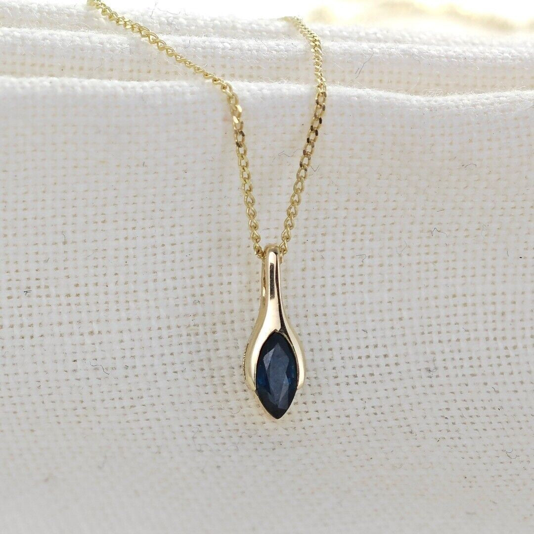 9ct Blue Sapphire Pendant Yellow Gold Minimalist Marquise UK Design