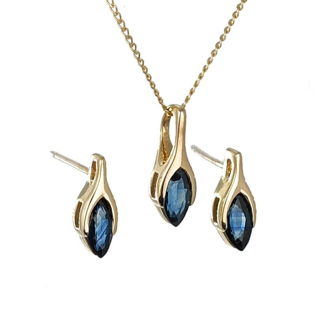9ct Blue Sapphire Set Pendant Stud Earrings Yellow Gold Minimalist Marquise