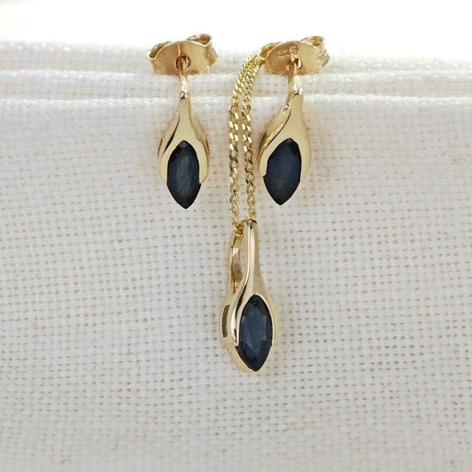 9ct Blue Sapphire Set Pendant Stud Earrings Yellow Gold Minimalist Marquise
