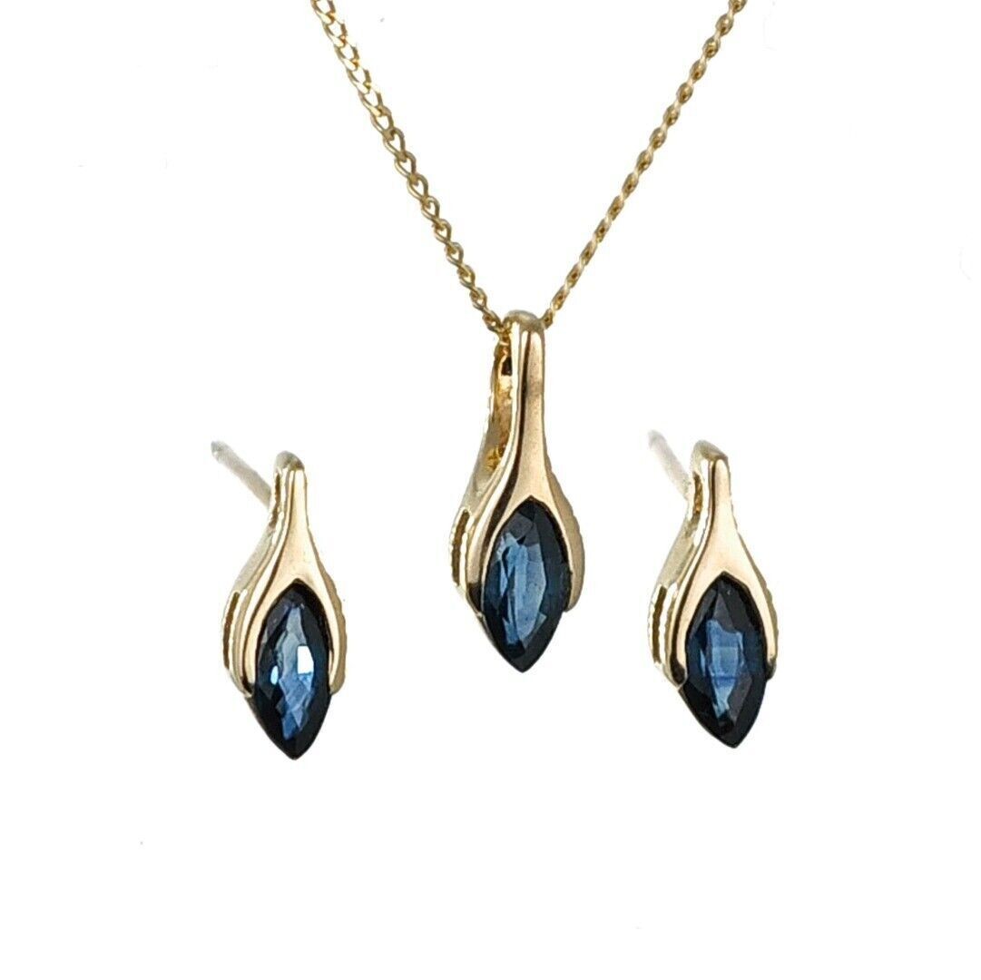 9ct Blue Sapphire Set Pendant Stud Earrings Yellow Gold Minimalist Marquise