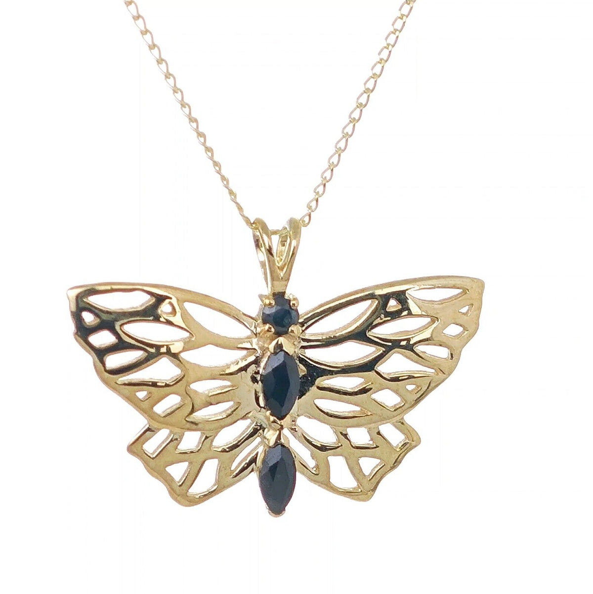 9ct gold butterfly necklace with marquise sapphires hallmarked designed in the UK