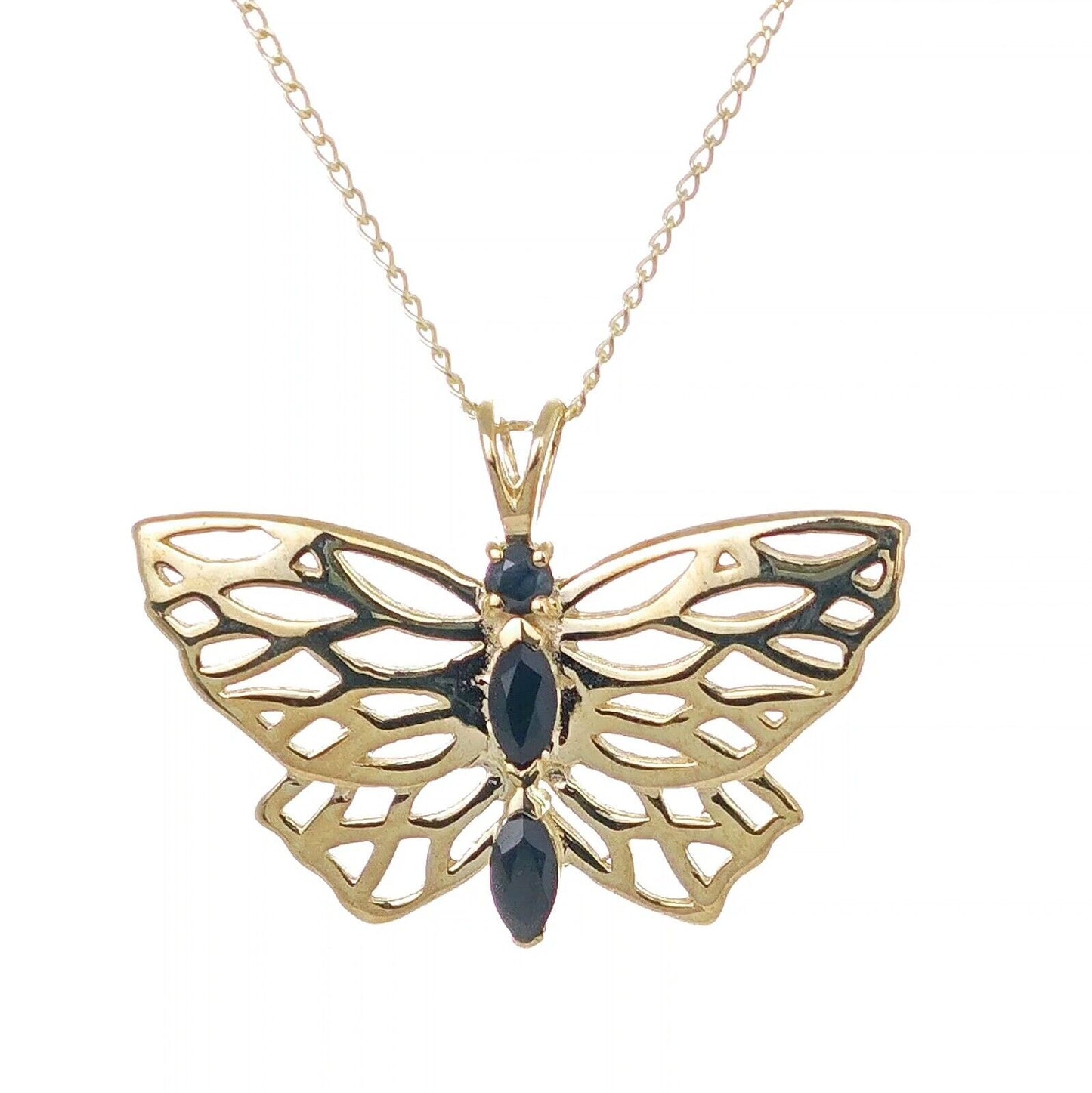 9ct Gold Butterfly Necklace with Marquise Sapphires Hallmarked