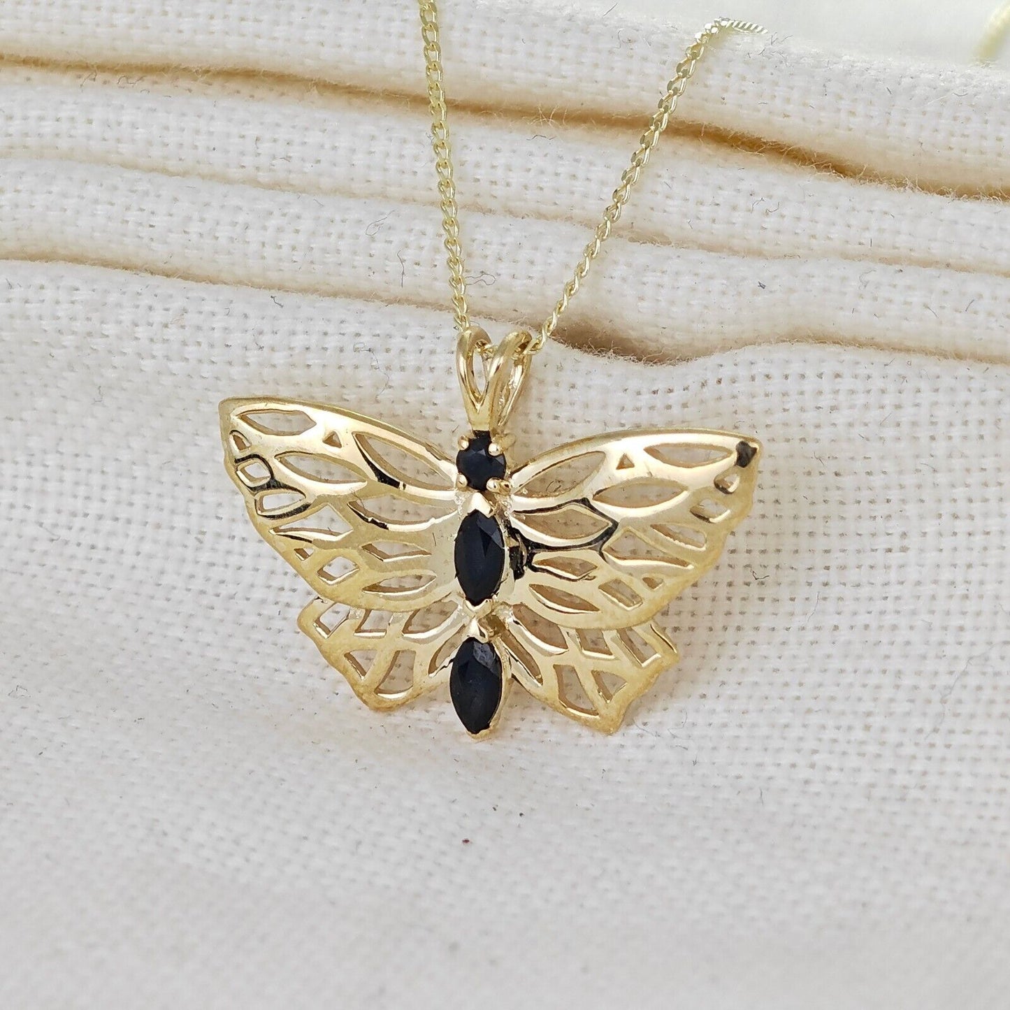 9ct Gold Butterfly Necklace with Marquise Sapphires Hallmarked