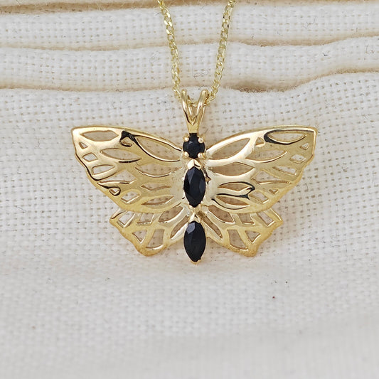 9ct Gold Butterfly Necklace with Marquise Sapphires Hallmarked