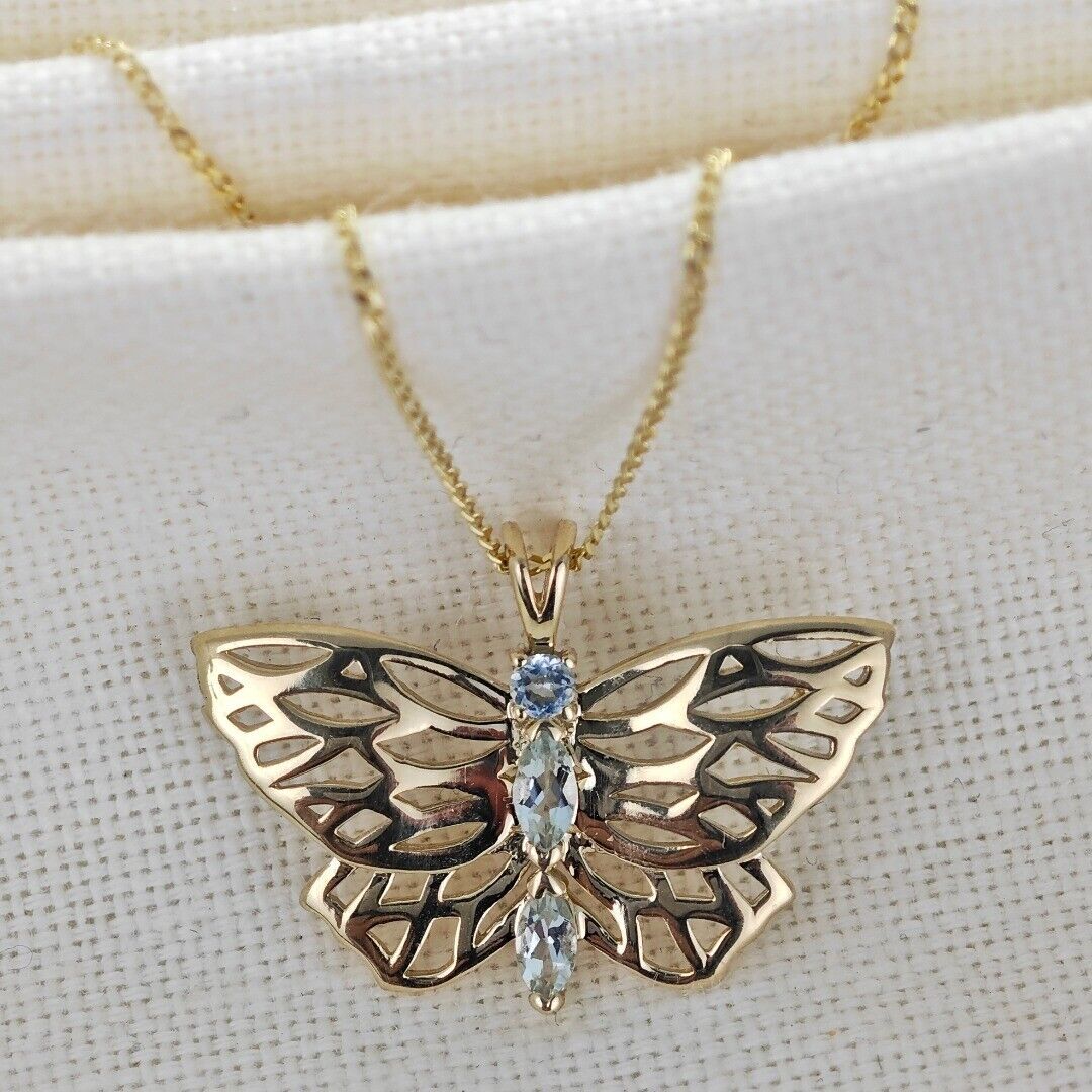 9ct Aquamarine Butterfly Necklace Gold Hallmarked UK Design Handmade