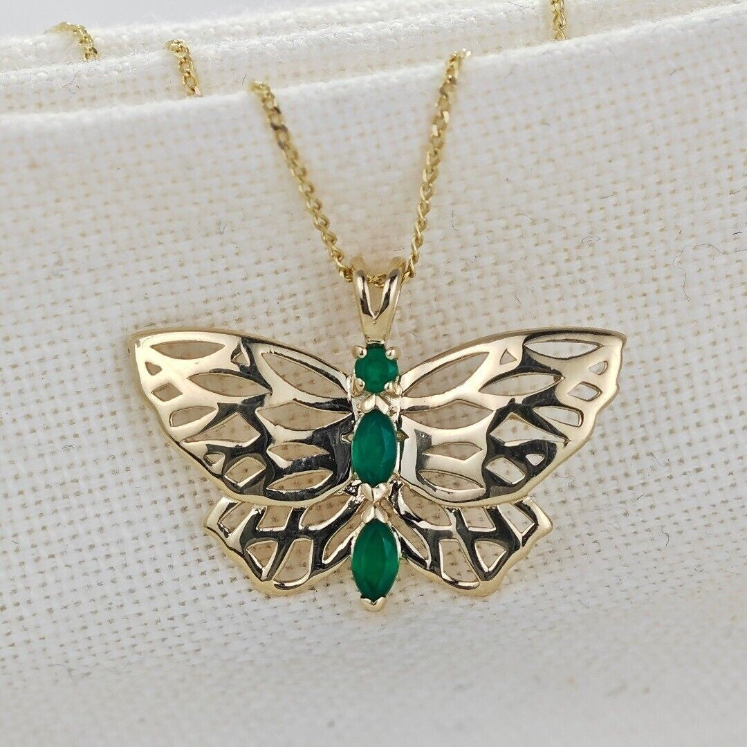 9ct Butterfly Necklace Green Onyx Yellow Gold Hallmarked