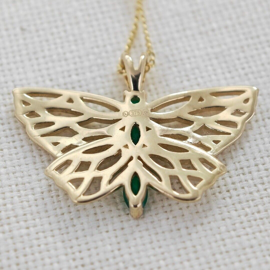 9ct Butterfly Necklace Green Onyx Yellow Gold Hallmarked