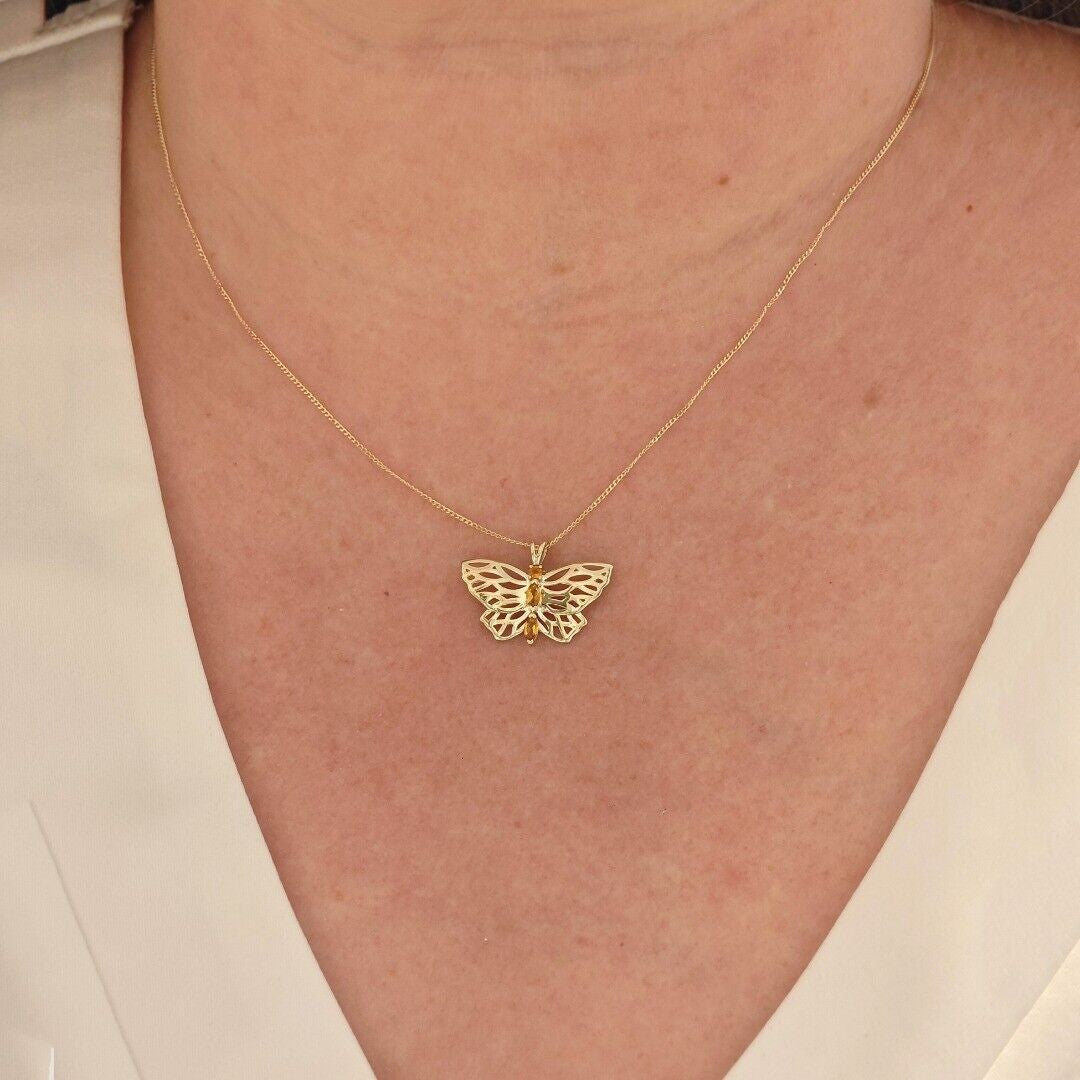 9ct Citrine Butterfly Necklace Yellow Gold Hallmarked UK Design Handmade